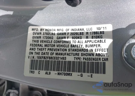 2012 Honda Civic Ex из США, поврежденный, VIN 19XFB2F88CE021493